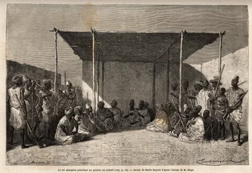 El rey Ahmadou presidiendo un consejo o palabre del imperio Toucouleur en Segou Sikoro (Mali), los sabios se sientan y los guerreros se colocan, el rey sostiene un rosario musulmán en sus manos. Grabado para ilustrar el viaje al Sudán Occidental del Tenien