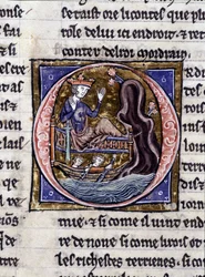 Rey Modreius. Manuscrito: Conquista del Santo Grial, escrito 717 años después de la pasión de nuestro señor. Biblioteca municipal de Rennes, ms. 255 (Colección de novelas de la Mesa Redonda); París