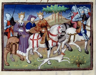 El rey Felipe VI de Valois y la Reina Blanca de Navarra (?) Partiendo de caza Miniatura tomada de “El libro de la caza” por Gaston III Phoebus, Conde de Foix, Señor de Bearn (1331-1391)