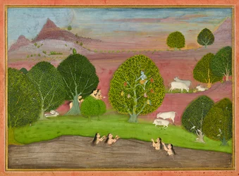 Krishna roba la ropa de las gopis, folio de un Bhagavata Purana