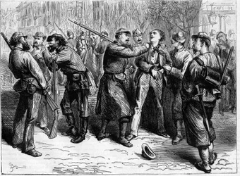 La Comuna de París en 1871. Arresto de un refractario por una tropa de federados.