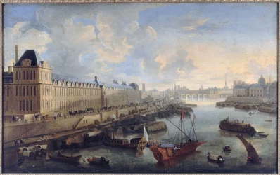 La Grande Galerie du Louvre, le Pont-Neuf, la Cité, le collège des Quatres-Nations, hacia 1670, en el Sena la galera real, actuales distritos 1 y 6, entre 1670 y 1685 (óleo sobre lienzo)