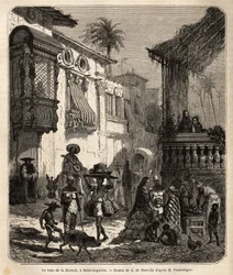 La casa de la Merced (ahora Calle de la Merced) en San Agustín, la ciudad más antigua de los Estados Unidos, fundada por los españoles en 1565; calle principal de la ciudad, pequeña y populosa, con varios animales y una mezcla singular de varias tradicione