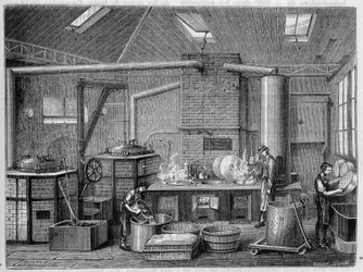 Laboratorio para cocinar alimentos enlatados - en “Las maravillas de la industria” por Louis Figuier
