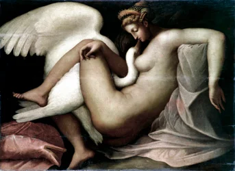 Leda y el cisne Pintura anónima después de un original destruido por Miguel Ángel Buonarroti llamado Miguel Ángel