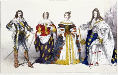 Los Borbones: Luis XIII (1601-1643) y Ana de Austria (1601-1666), María Teresa de Austria (o España) (1638-1683) y Luis XIV (1638-1715) - Placa extraída de Reyes y Reinas de Francia en grabados, París, ed. Swift