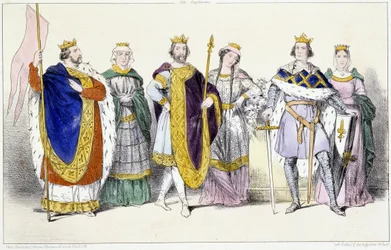 Los Capetos: Luis VI El Gordo (1081-1137) y Adelaida de Saboya (ca. 1100-1154), Luis VII El Joven (1120-1180) y Adela de Champaña (o Blois) (ca. 1140-1206), Felipe II llamado Felipe Augusto (1165-1223) e Isabel de Henao (1170-1190) - Lámina de