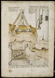 Máquina de palanca y sistema para subir una torre usando una cuerda - Manuscrito: hoja de pergamino de un manual de ingeniero para la construcción de edificios civiles, religiosos y militares, anónimo, finales del siglo XV (figura en tinta china)