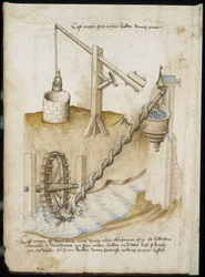 Sistemas de palanca para pozos y suministro de agua por rueda de tornillo - Manuscrito: hoja de pergamino de un manual de ingeniero para la construcción de edificios civiles, religiosos y militares, anónimo, finales del siglo XV (figura en tinta china)