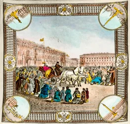 Liberación de los siervos por el Zar Alejandro II de Rusia (1818-1881) en 1861. Pañuelo ruso de la época. Colección privada