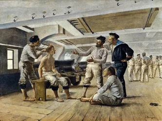 Vida a bordo de un buque de guerra francés: el barbero del barco afeita a los marineros, c.1800