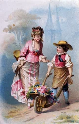 Pequeño jardinero: un niño con una carretilla llena de flores habla con una joven en el camino a un pueblo. Cromolitografía 1880