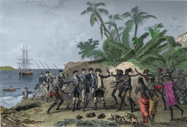 Louis Antoine de Bougainville, navegante francés (1729-1811), dirigiéndose a las islas Marquesas en Tahití, 6 de abril