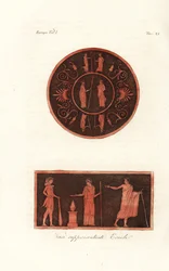 Lisandro y Agesilao II de Esparta (arriba) y Hércules con piel de león y garrote en un sacrificio con Deífobo, Rey de Amiclea en Laconia, y su esposa (abajo)