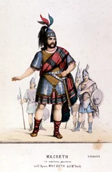 Personaje de Macbeth en un traje de guerrero en la ópera del mismo nombre de Giuseppe Verdi (1813 - 1901) después de la obra de William Shakespeare. 1847. Grabado.