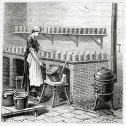 Fabricación de queso camembert (el cuajo se vierte en moldes) - en “Las maravillas de la industria” de Louis Figuier