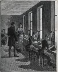 Fabricación de plumas de metal: taller de recorte en Francia en el siglo XIX. Grabado de 1885 en “Les arts et metiers illustres” por Adolphe BITARD.