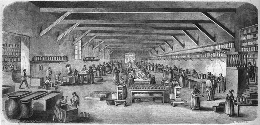 Fabricación de mostaza y alimentos enlatados en Louit Frères en Burdeos. Sala de botellas y empaques. Grabado de 1865.