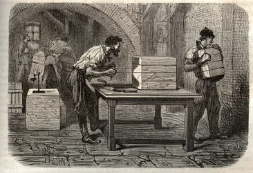 Fabricación de jabón - La industria del jabón - Corte de una barra de jabón de Marsella en barras, usando un alambre. Grabado en 