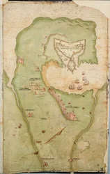 Mapa de Smerwick, Irlanda, que muestra el terraplén inglés con dos cañones para atacar el fuerte español y soldados ingleses marchando fuera de Castell Más información