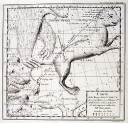 Mapa del camino del cometa de 1762 y mapa del cielo, observado por Messier