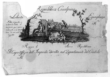 Mapa de la República Cisalpina, creada por Napoleón Bonaparte el 27/06/1797 en el modelo francés en Italia, que se convirtió en la República Italiana en 1802. Los valores de la República Francesa están consagrados en ella (Libertad, Igualdad). Grabado Muse