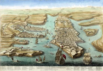Mapa del puerto de Malta, sus fortificaciones y el castillo. Grabado del siglo XVIII