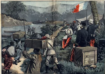 Misión Marchand en África (1896-1899): la expedición toma posesión del Alto Nilo en 1898. Lanzamiento del vapor desmontable "le Faidherbe" en el río M