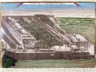 Máquina de Marly de Rennequin utilizada para llevar las aguas del Sena a Versalles a través del acueducto de Marly. Grabado del siglo XVIII