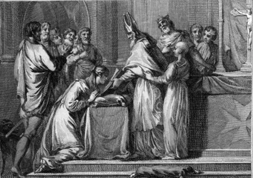 Matrimonio de Sigeberto I (535-575), Rey de Austrasia, y Brunequilda (543-613), en 566. Grabado del siglo XVIII