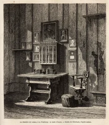 La habitación de Martín Lutero (1483-1546) en Wartburg donde se refugió tras su excomunión en 1521, con su retrato y los de sus padres sobre el escritorio, bajo cuyos ojos tradujo la Biblia al alemán y redactó sus textos más famosos