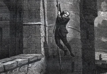 Masers De Latude escapando de la Bastilla - Escape de la Bastilla por Jean Henry, llamado Danry, llamado Masers de Latude (1725-1805) - grabado en "Diccionario popular ilustrado" - 1864 - por Joseph Decembre y Edmond Allonier -