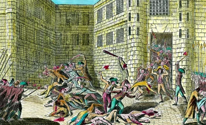 Masacre de los prisioneros de la Abadía de Saint Germain por el pueblo en septiembre de 1792. Escena de la revolución francesa.