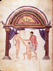 Medicina: reducción de un codo dislocado, el paciente es colgado por el brazo (manuscrito)