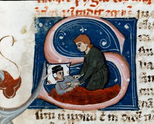 Medicina: persona enferma se cura en casa. Detalle. Página de manuscrito (ms.d.xxv) “Tratado de Galeno” traducido por Nicola da Reggio, médico filólogo. Siglo XIV. Cesena, Biblioteca Malatestiana