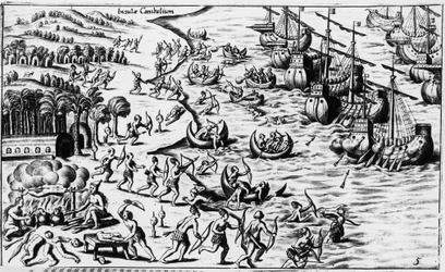 Encuentro entre la gente de Cristóbal Colón y los Caníbales - en "Nova Tipus Transacto Navigatio Novi Orbi" de Philoponus Honorius