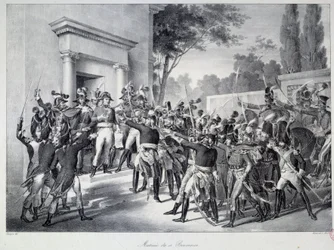 Reunión de generales y oficiales con Napoleón Bonaparte alrededor de las 7 a.m. en la mañana del 18 de brumario