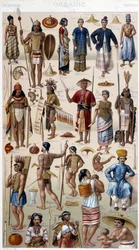 Hombres y mujeres representando a los diferentes pueblos de Oceanía. Grabado del siglo XIX