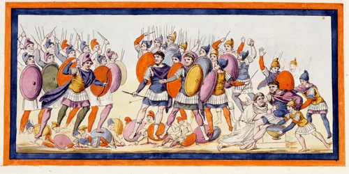 Menelao (a la derecha), un guerrero griego acaba de ser herido por una flecha de un aliado de los troyanos. La Ilíada, canto IV. Grabado de finales del siglo XVIII.