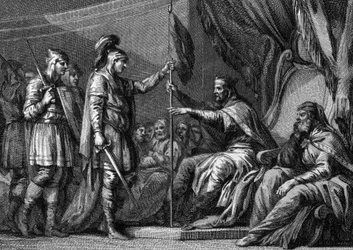 Período merovingio: un alcalde del palacio (dignatario del reino) prestó juramento antes de asumir el cargo. Jura a los obispos y señores de la región mantener sus respectivos derechos. Grabado del siglo XVIII