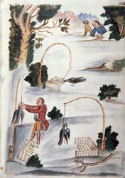 Método para atrapar pájaros con lazo, del libro "Trujillo del Perú" o "Códice Martínez Compañón", por Baltazar Martínez Compañón y Bujanda, obispo de Trujillo (1782-1785)