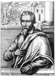 Miguel Servet (Miguel de Villanueva) (1511-1553), médico y teólogo español. Grabado