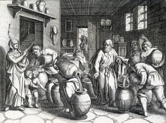 Milagro de Eliseo, profeta bíblico y discípulo de Elías que, con su manto, le transmite su espíritu y poderes. Grabado de 1724.