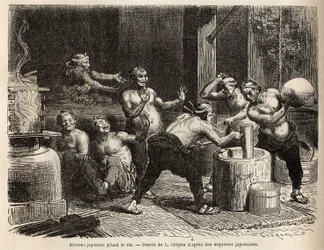 Mitrones golpeando arroz, antes de ser fermentado para hacer cerveza de arroz. Grabado para ilustrar el viaje a Japón, por Aime Humbert, ministro de la Confederación Suiza, en 1863-1864, publicado en “Le tour du monde” 1869, editado por Edouard Charton, e