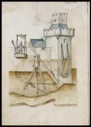 Sistema de paso de foso por palanca - Manuscrito: hoja de pergamino de un manual de ingeniero para la construcción de edificios civiles, religiosos y militares, anónimo, finales del siglo XV (figura en tinta china)