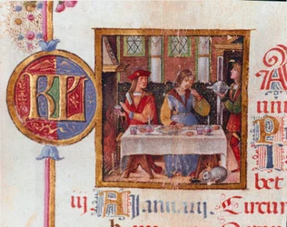 Mes de enero: escena de banquete. Miniatura del Breviario de Hércules (Ercole) I d