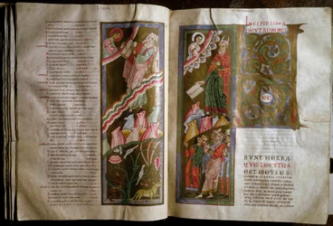 Moisés recibiendo las tablas de la ley. Doble página del manuscrito "Biblia de Gebhardt" (Admont) siglo XII. Viena, Biblioteca Nacional de Austria