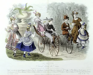 Madres, niños y bicicletas en el jardín de infancia (moda infantil) - en "El diario ilustrado de las damas"
