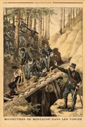 Maniobra de montaña en los Vosgos de un batallón de cazadores alpinos con una solicitud de una schlitte, trineo para la tala de árboles. Grabado en "Le petit journal" 19/07/1896. Colección Selva