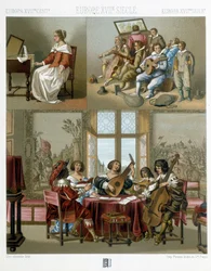 Música en Europa en el siglo XVII - en "Le costume historique" por Racinet